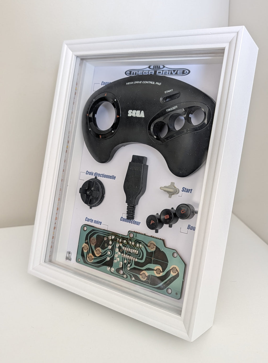 Diorama SEGA Mega Drive avec manette démontée, carte électronique, boutons et connecteur exposés dans un cadre blanc